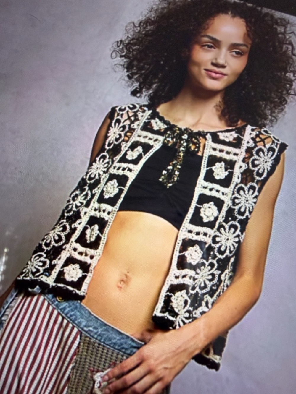 💚 Hello Gorgeous! POL Striped Floral Patchwork Wide leg Pants with Star Patch - Picture 10 of 13